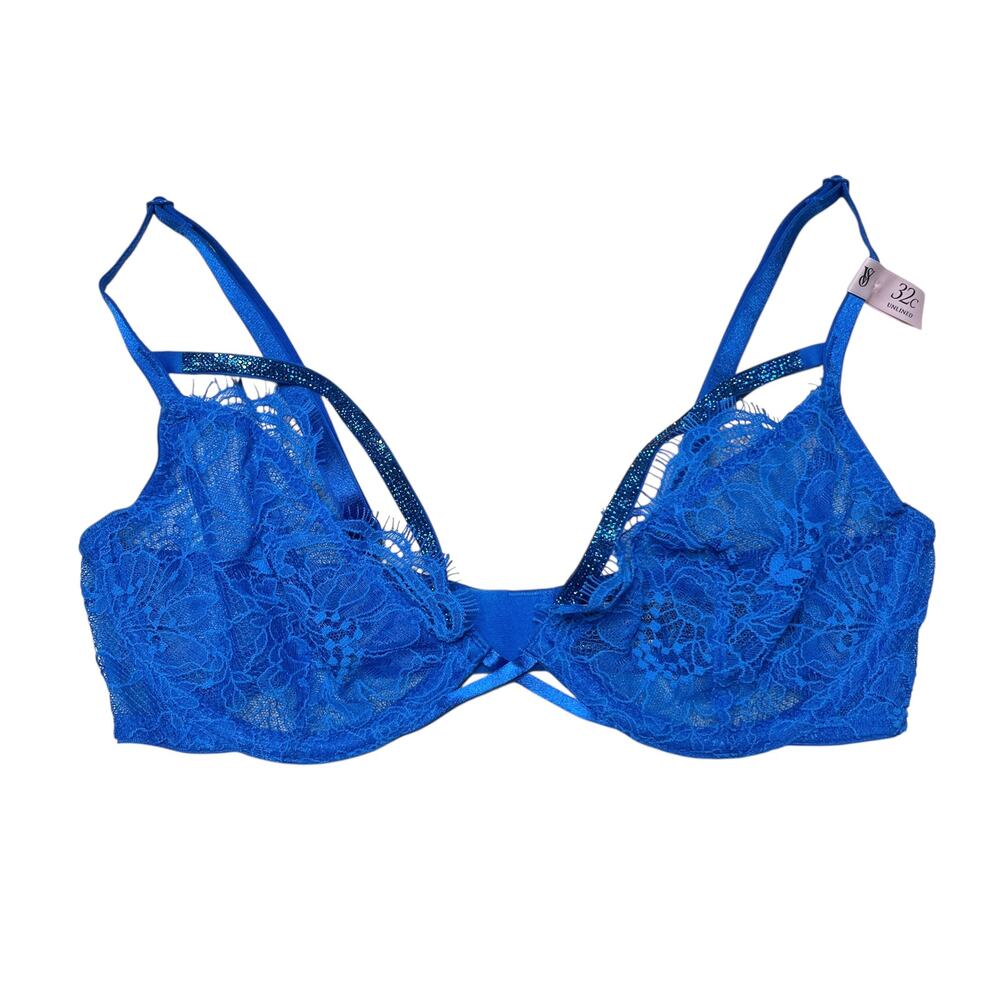 Victoria's Secret Shine Strap Low Cut Demi Bra Shocking Blue Size 32C